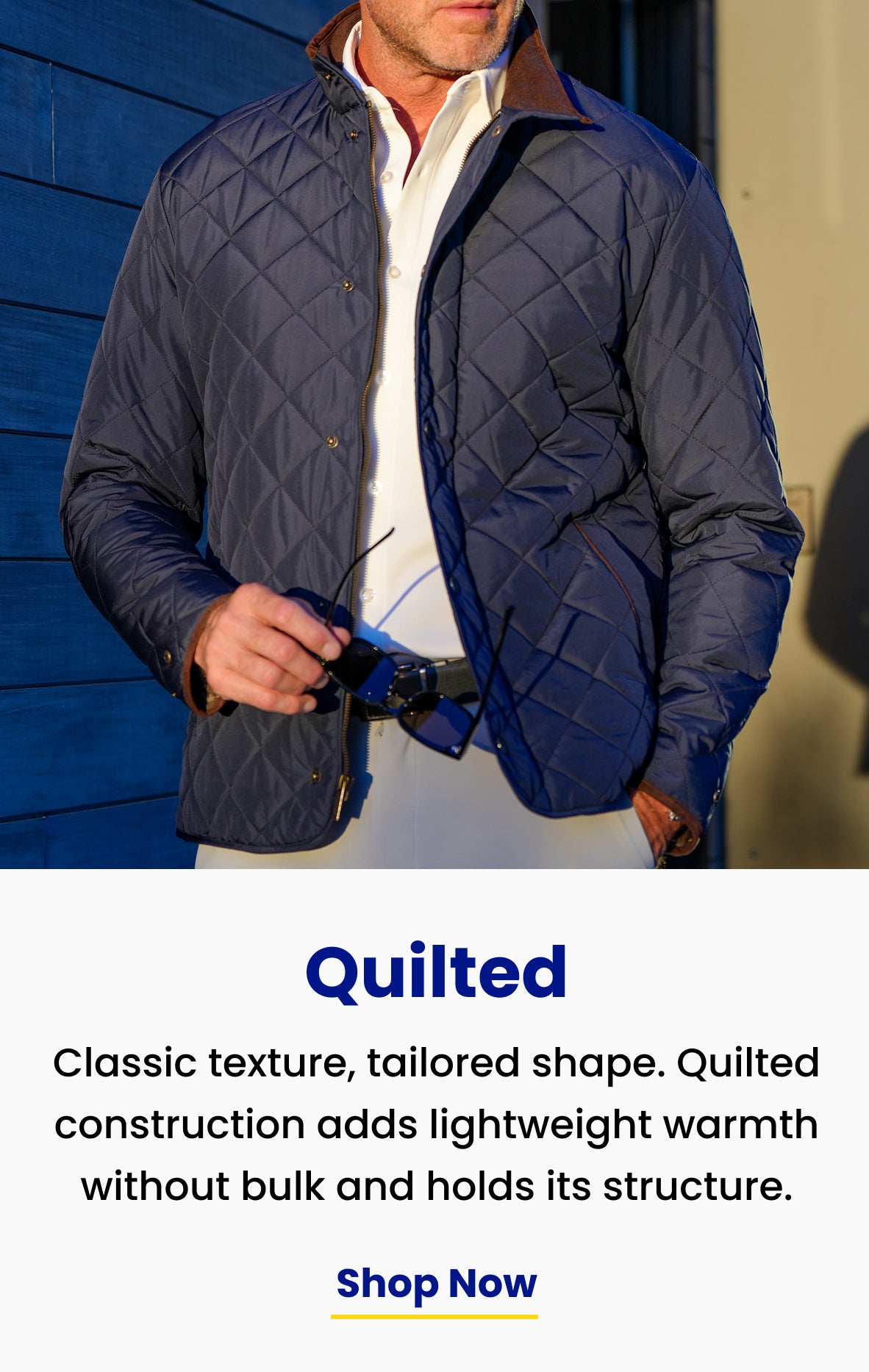 classic texture, tailored shape. Navy Heritage Quilted jacket over a white button-up