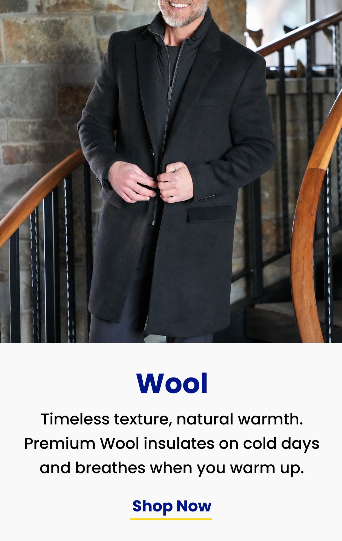 timeless texture, natural warmth. Black Titan Wool Trench Coat on a stone staircase