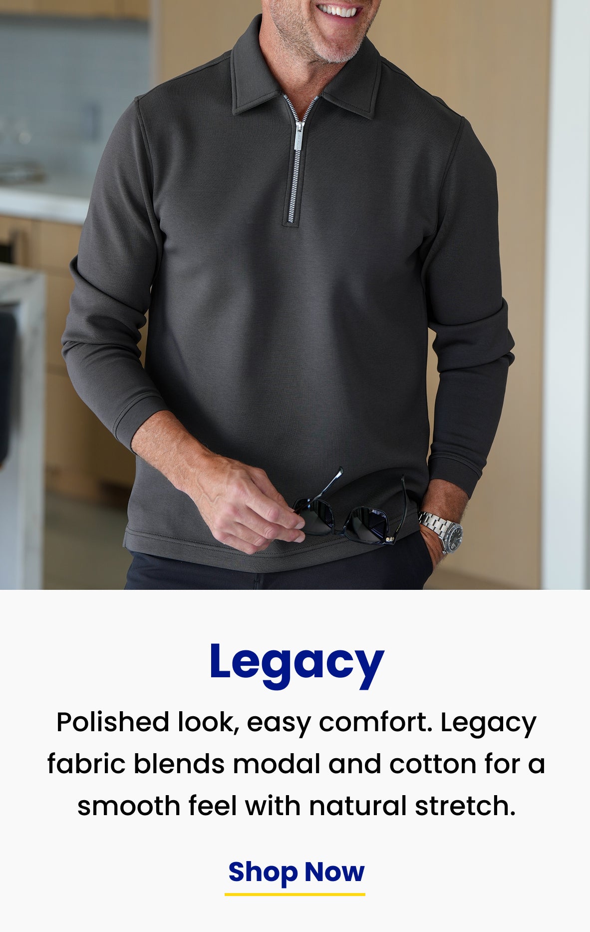 Polished look, easy comfort. Titanium Legacy Zip Polo in a kitchen
