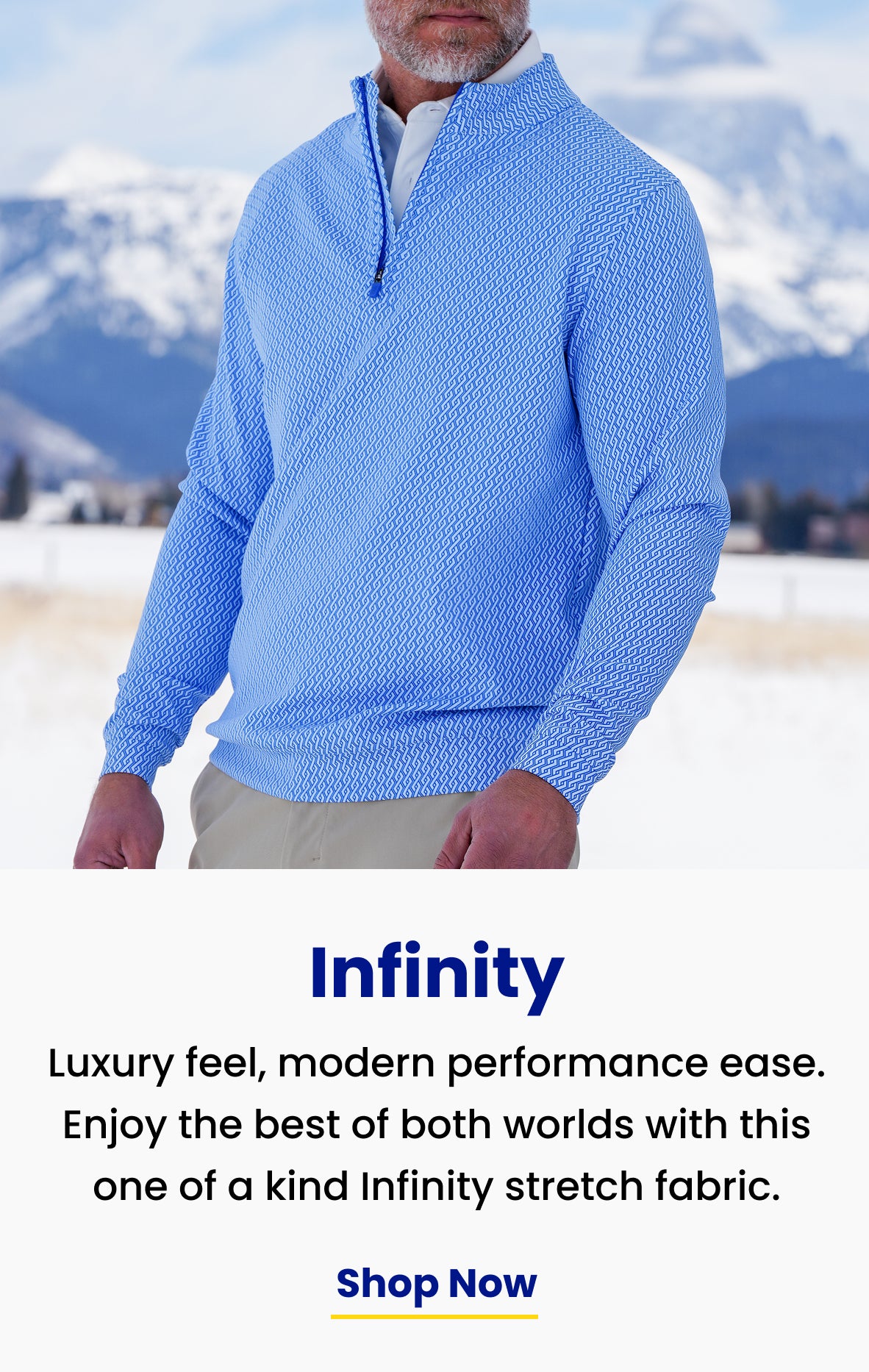 luxury feel, modern performance ease. Drift Blue Infinity 1/4 Zip in a snowy field